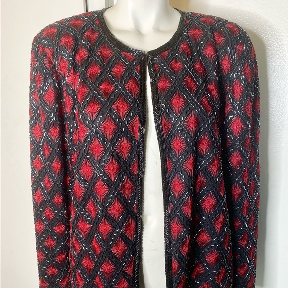 Niteline Della Roufogali Black Red Beaded Evening Jacket L - Picture 1 of 5